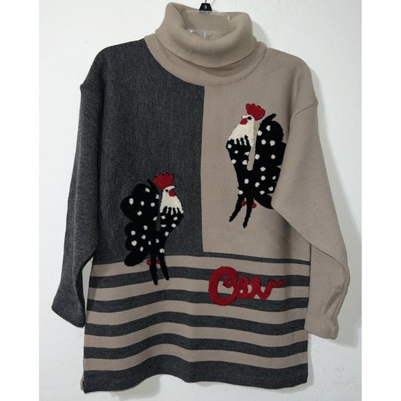 Ventilo Brown Gray Turtleneck Sweater with Roosters (Chenille) Medium - Picture 2 of 5